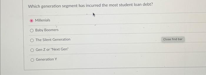 multiple choice please answer all 4 questions Which generation segment has incurred