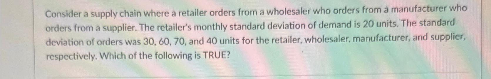  Consider a supply chain where a retailer orders from a wholesaler