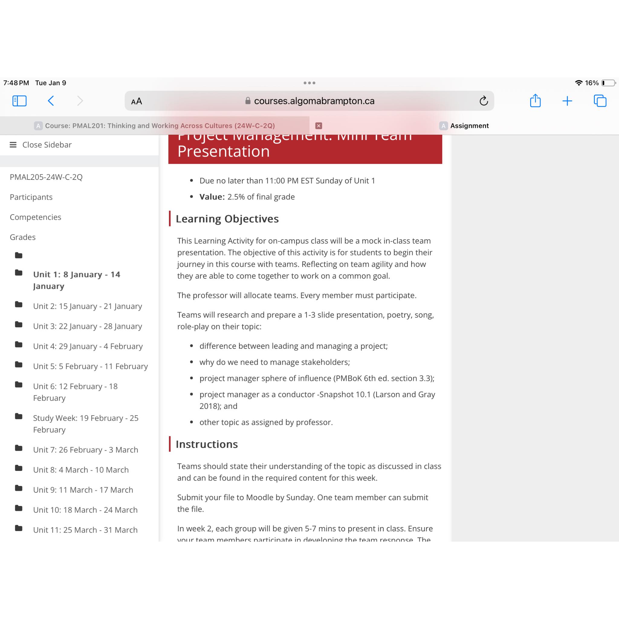  7:48 PM Tue Jan 9 AA courses.algomabrampton.ca A Course: PMAL201: Thinking