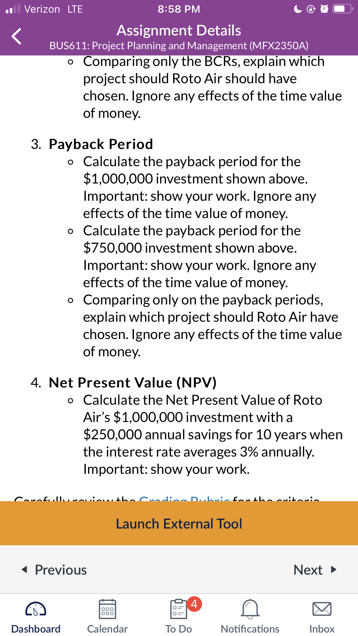  Verizon LTE 8:58 PM (1)1 Assignment Details BUS611: Project Planning and