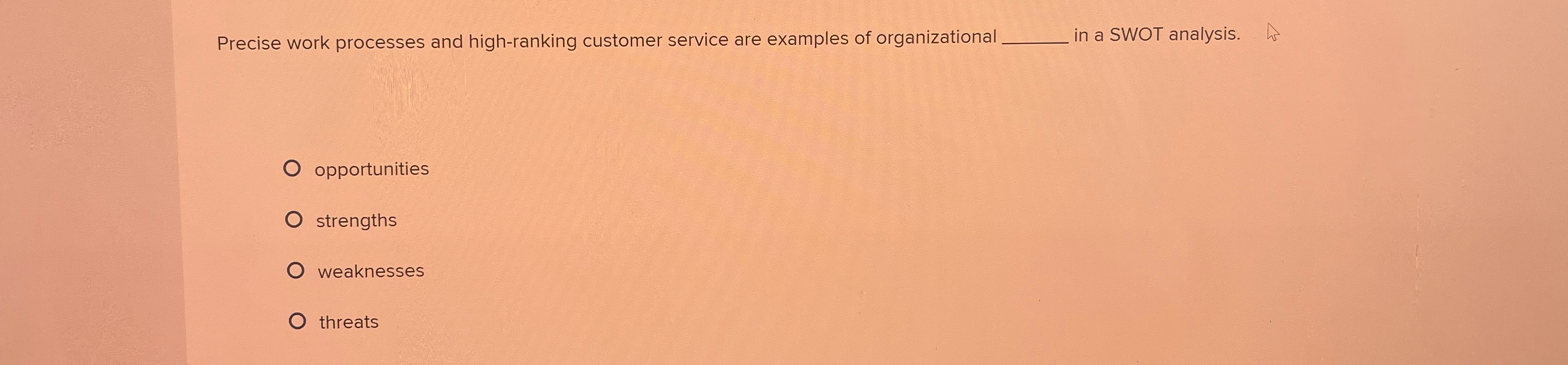  Precise work processes and high-ranking customer service are examples of organizational