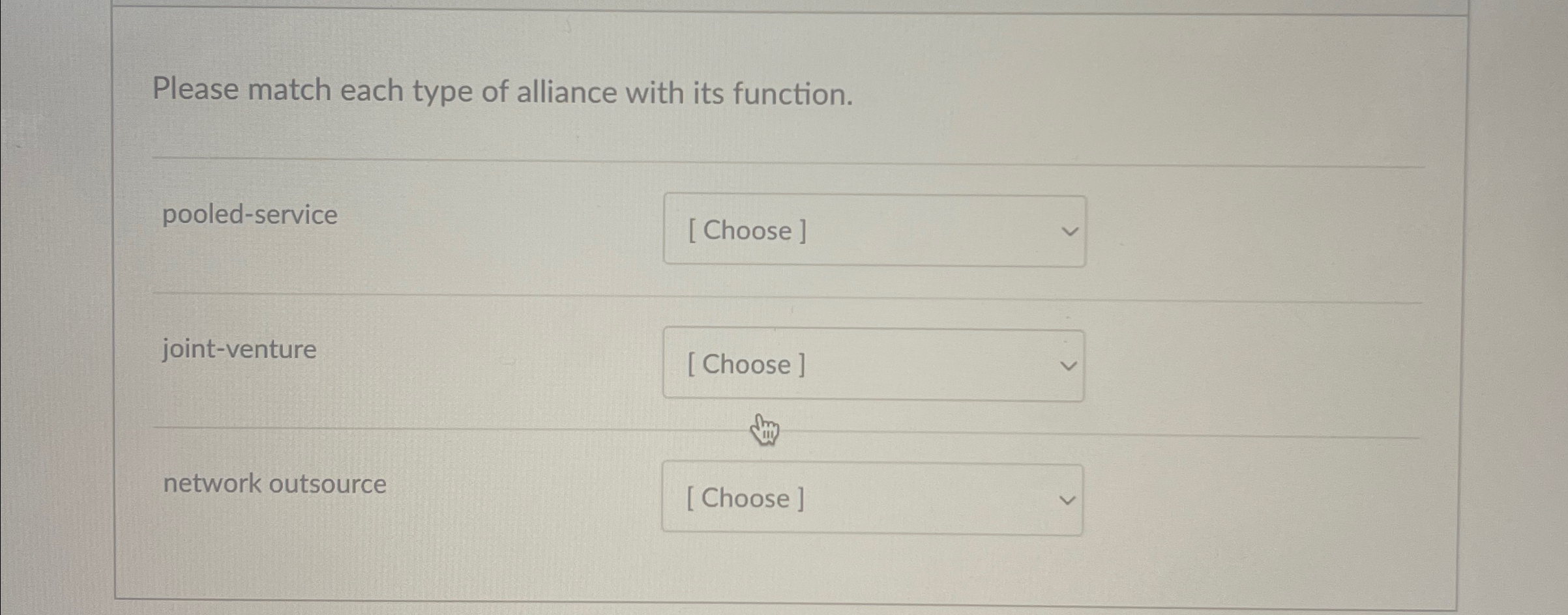  Please match each type of alliance with its function. pooled-service joint-venture