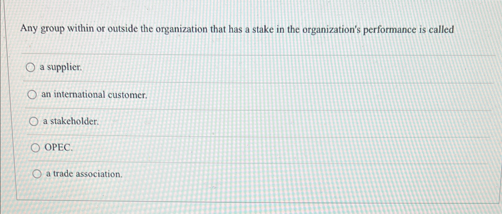  Any group within or outside the organization that has a stake