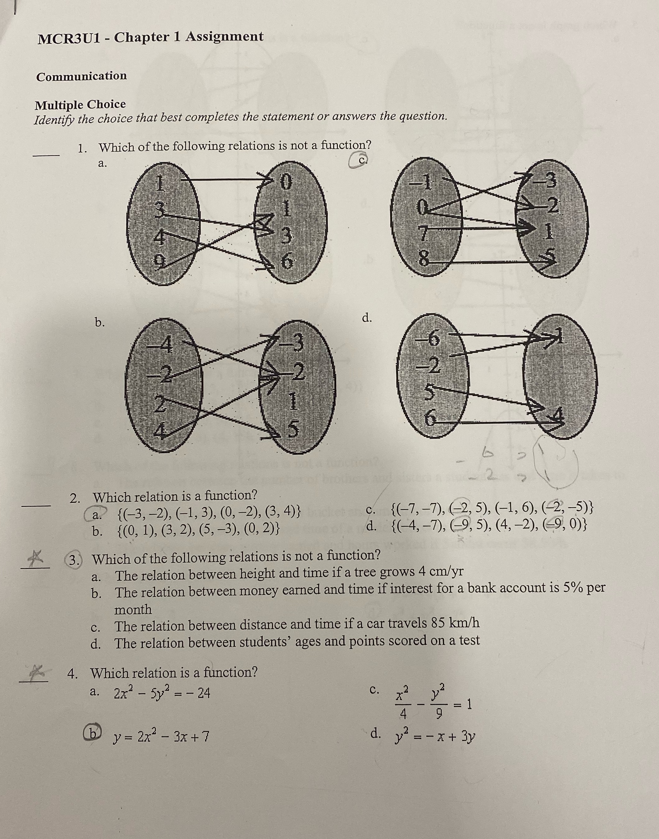  MCR3U1 - Chapter 1 Assignment Communication Multiple Choice Identify the choice