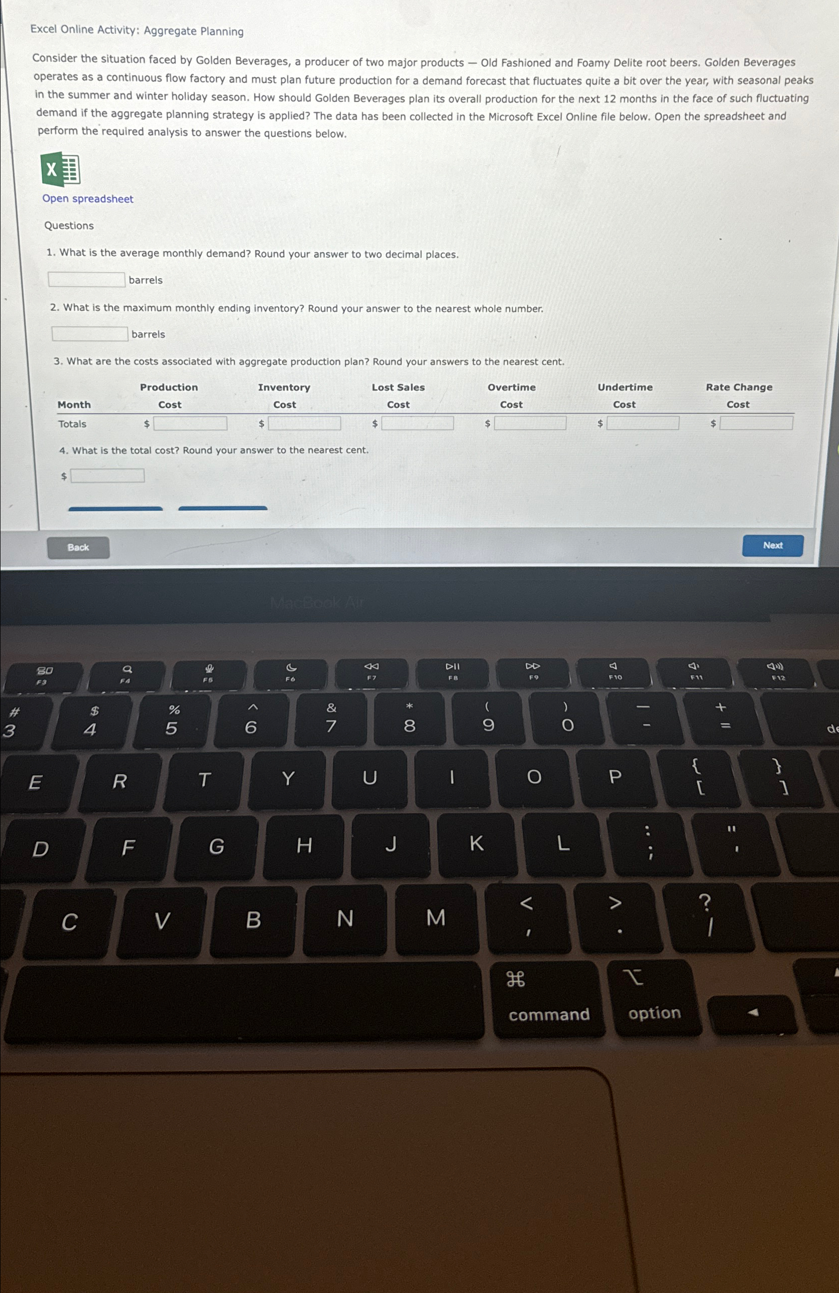  Excel Online Activity: Aggregate Planning Consider the situation faced by Golden