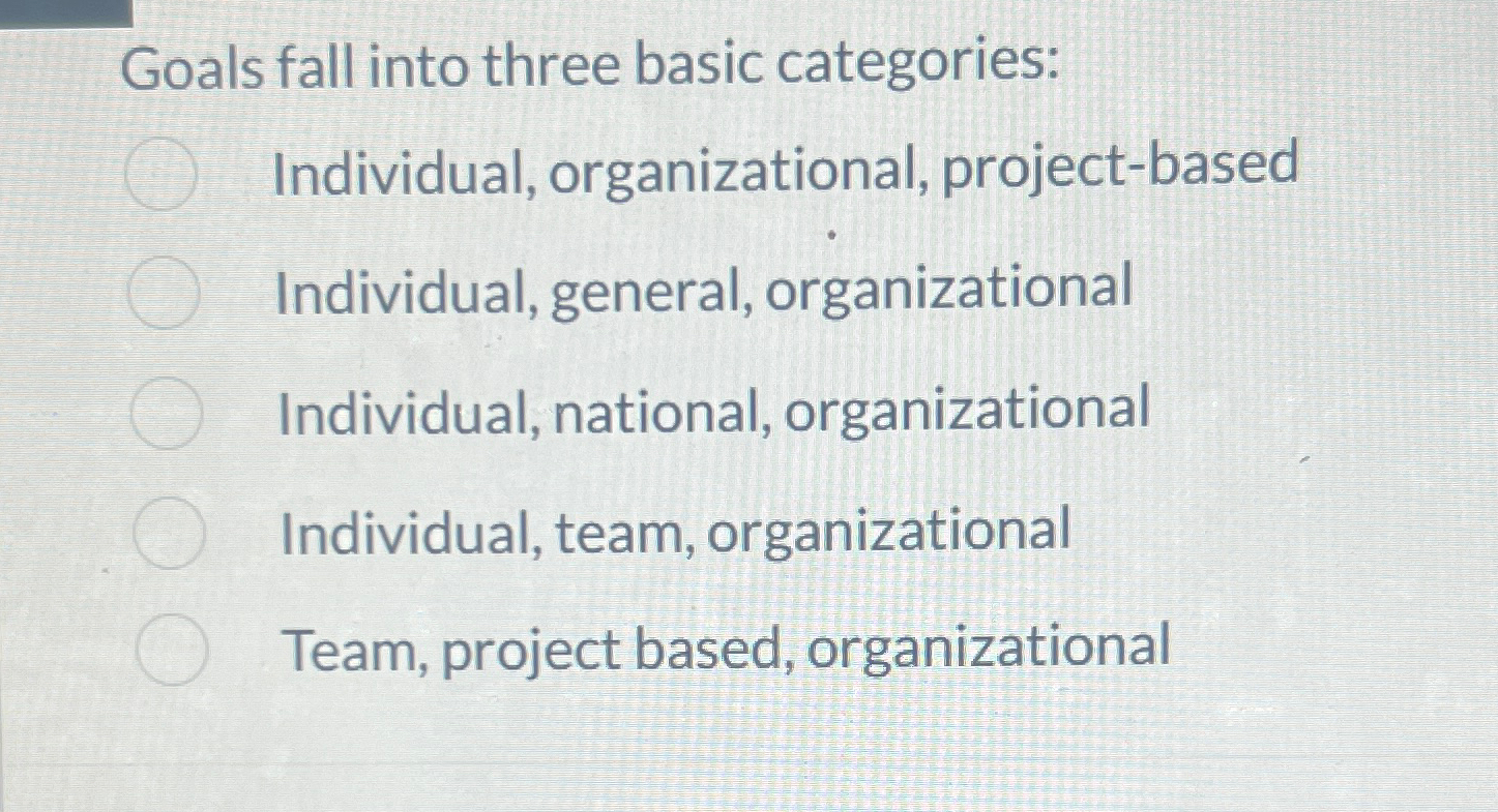  Goals fall into three basic categories: Individual, organizational, project-based Individual, general,