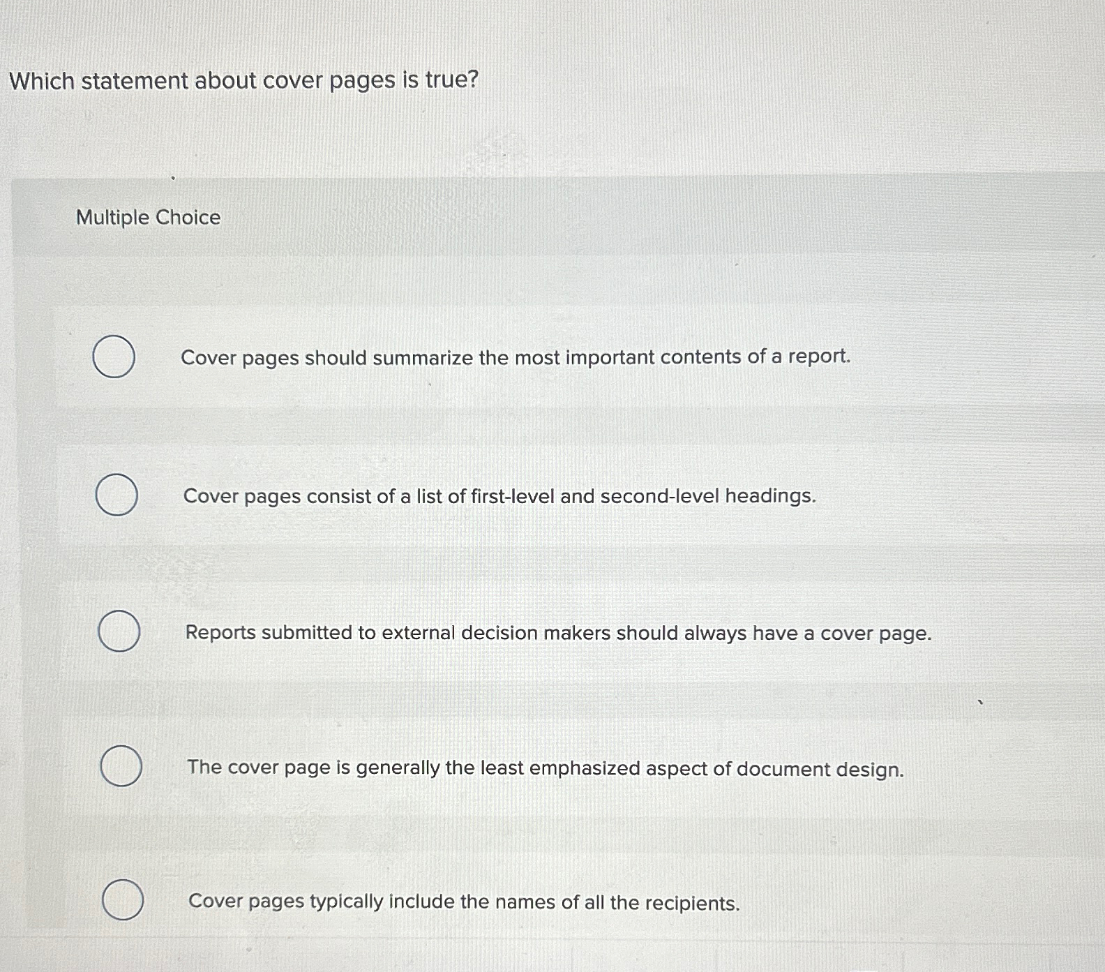  Which statement about cover pages is true? Multiple Choice Cover pages