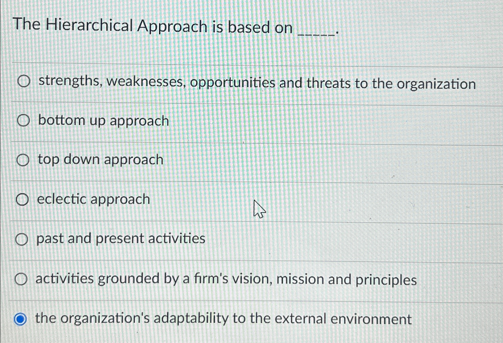  The Hierarchical Approach is based on___ strengths, weaknesses, opportunities and threats