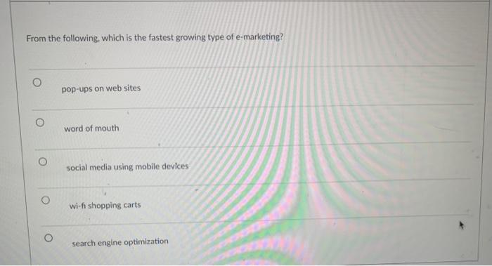 Multiple choice please answer all 4 questions From the following. which is