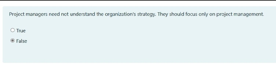  Project managers need not understand the organization's strategy. They should focus