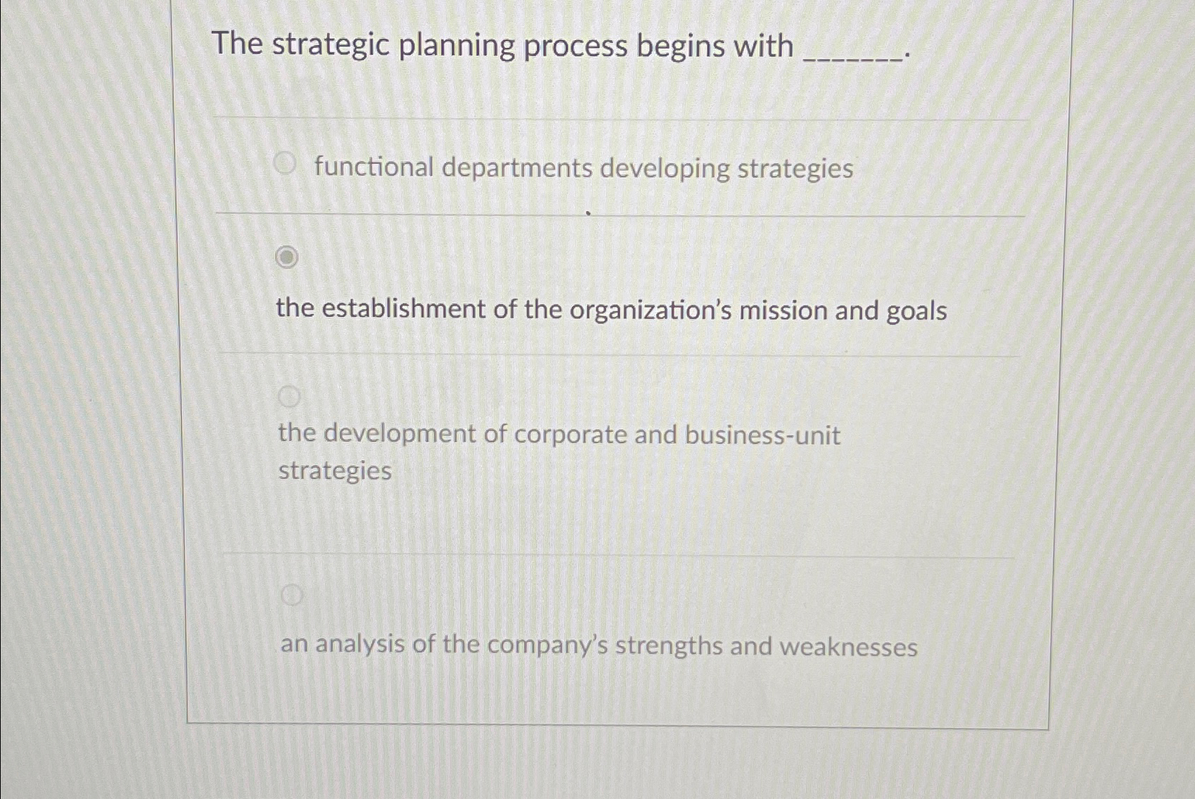  The strategic planning process begins with functional departments developing strategies the