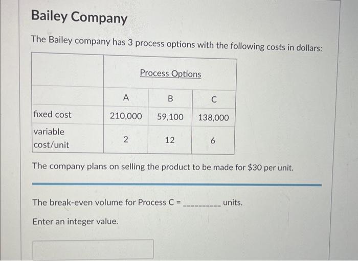 The Bailey company has 3 process options with the following costs