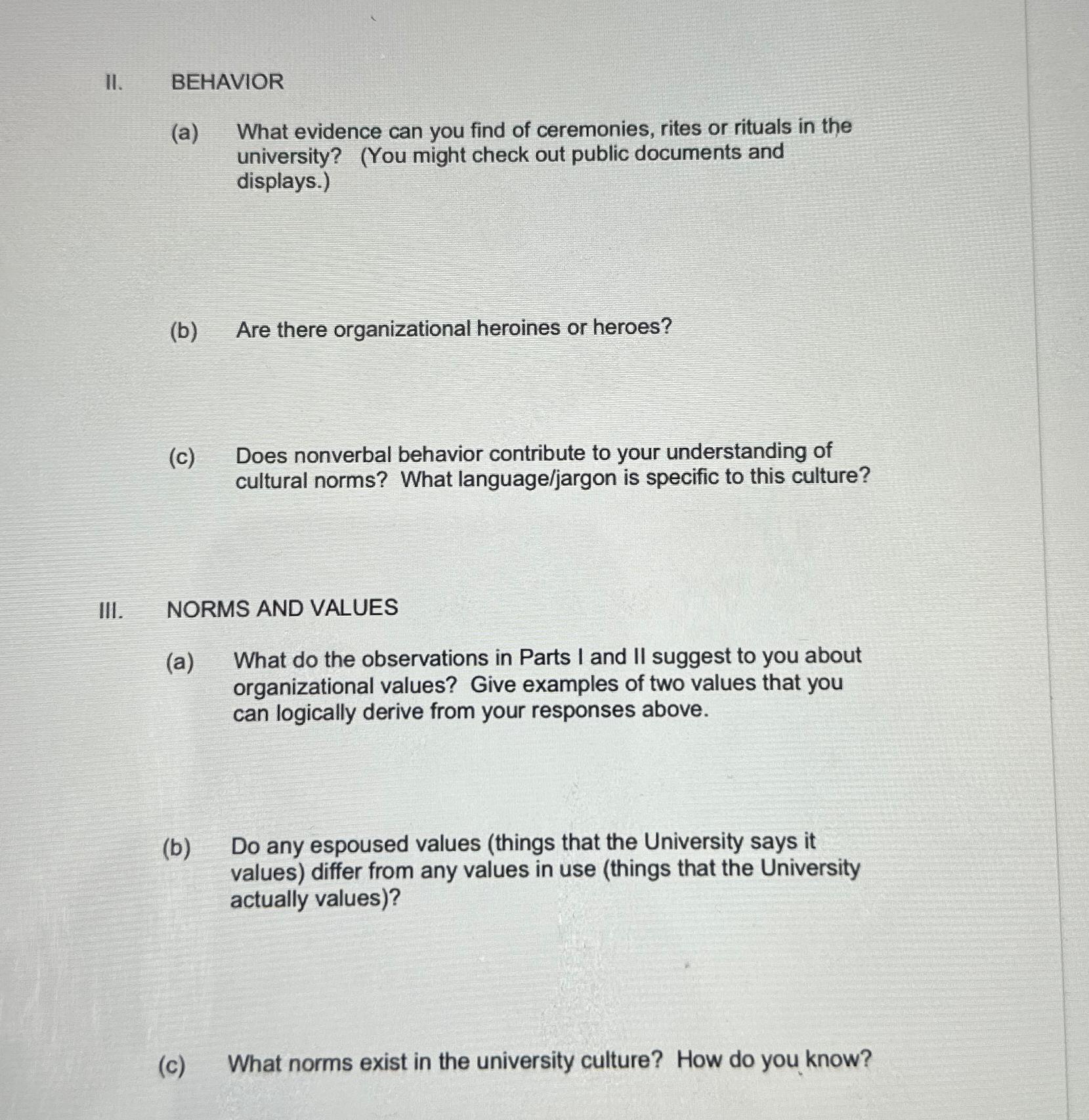  II. BEHAVIOR (a) What evidence can you find of ceremonies, rites