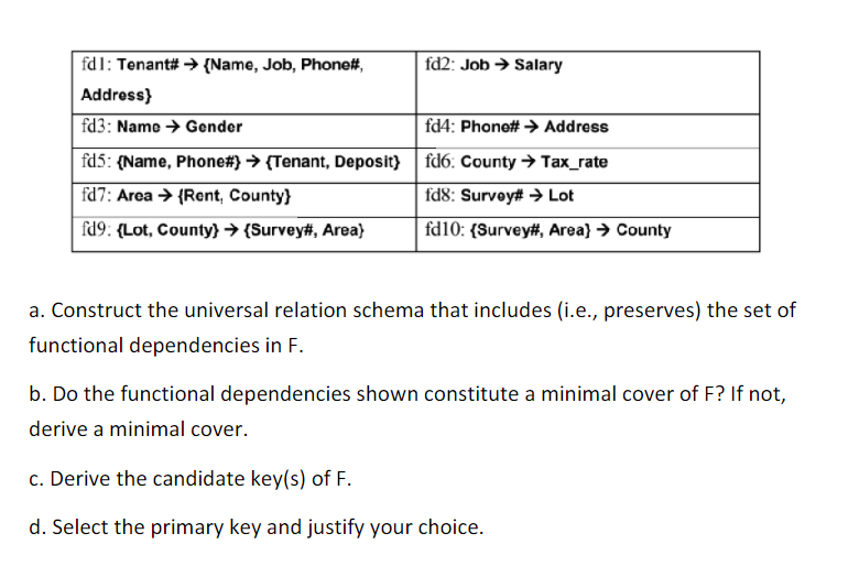  a. Construct the universal relation schema that includes (i.e., preserves) the