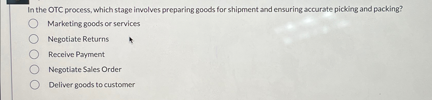  In the OTC process, which stage involves preparing goods for shipment
