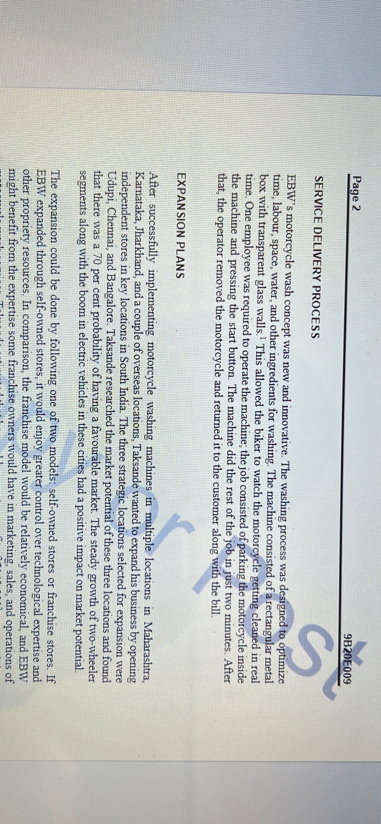  Page 2 9B20E009 SERVICE DELIVERY PROCESS EBW's motorcycle wash concept was