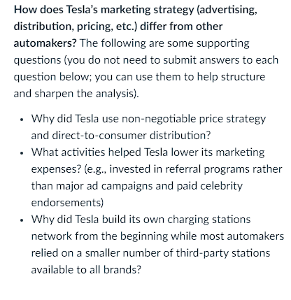  How does Tesla's marketing strategy (advertising, distribution, pricing, etc.) differ from