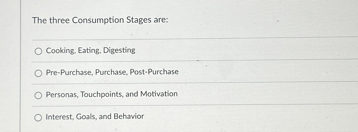  The three Consumption Stages are: Cooking, Eating, Digesting Pre-Purchase, Purchase, Post-Purchase