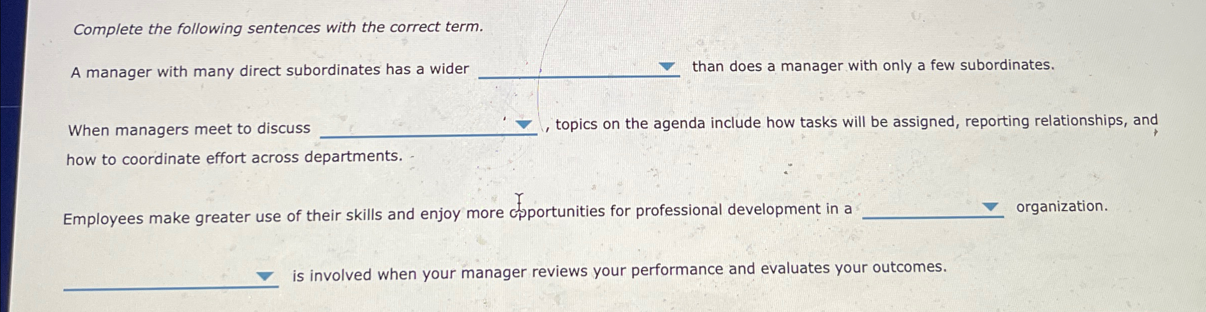  Complete the following sentences with the correct term. A manager with