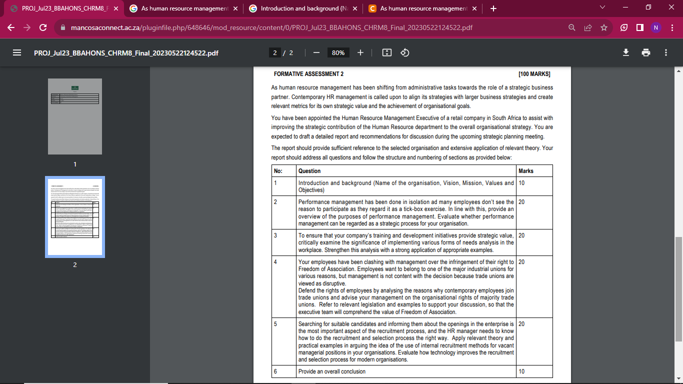  FORMATIVE ASSESSMENT 2 [100 MARKS] As human resource management has been