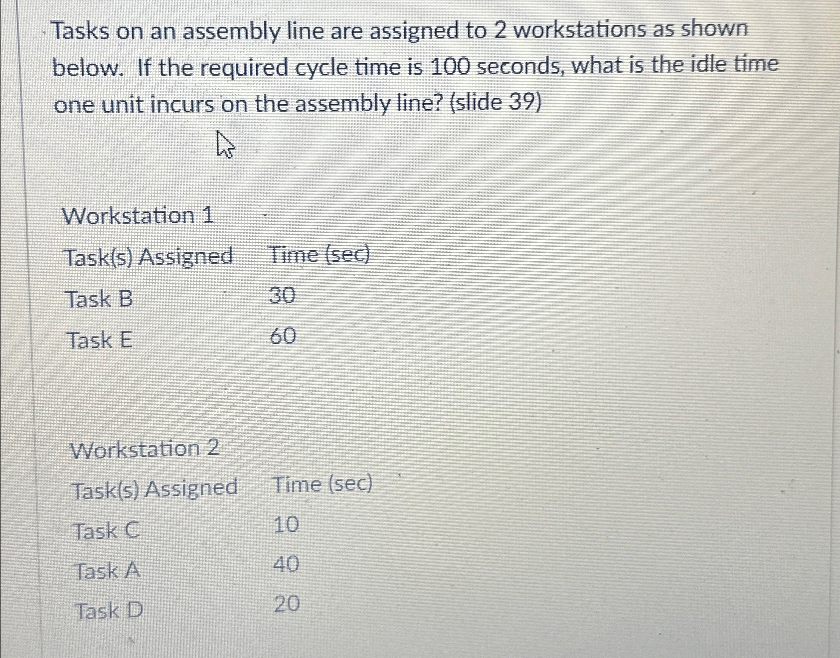  Tasks on an assembly line are assigned to 2 workstations as