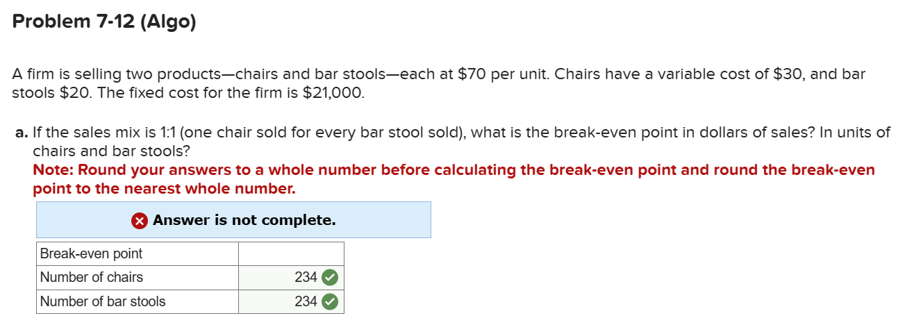 Problem 7-12(Algo) A firm is selling two products-chairs and bar stools-each