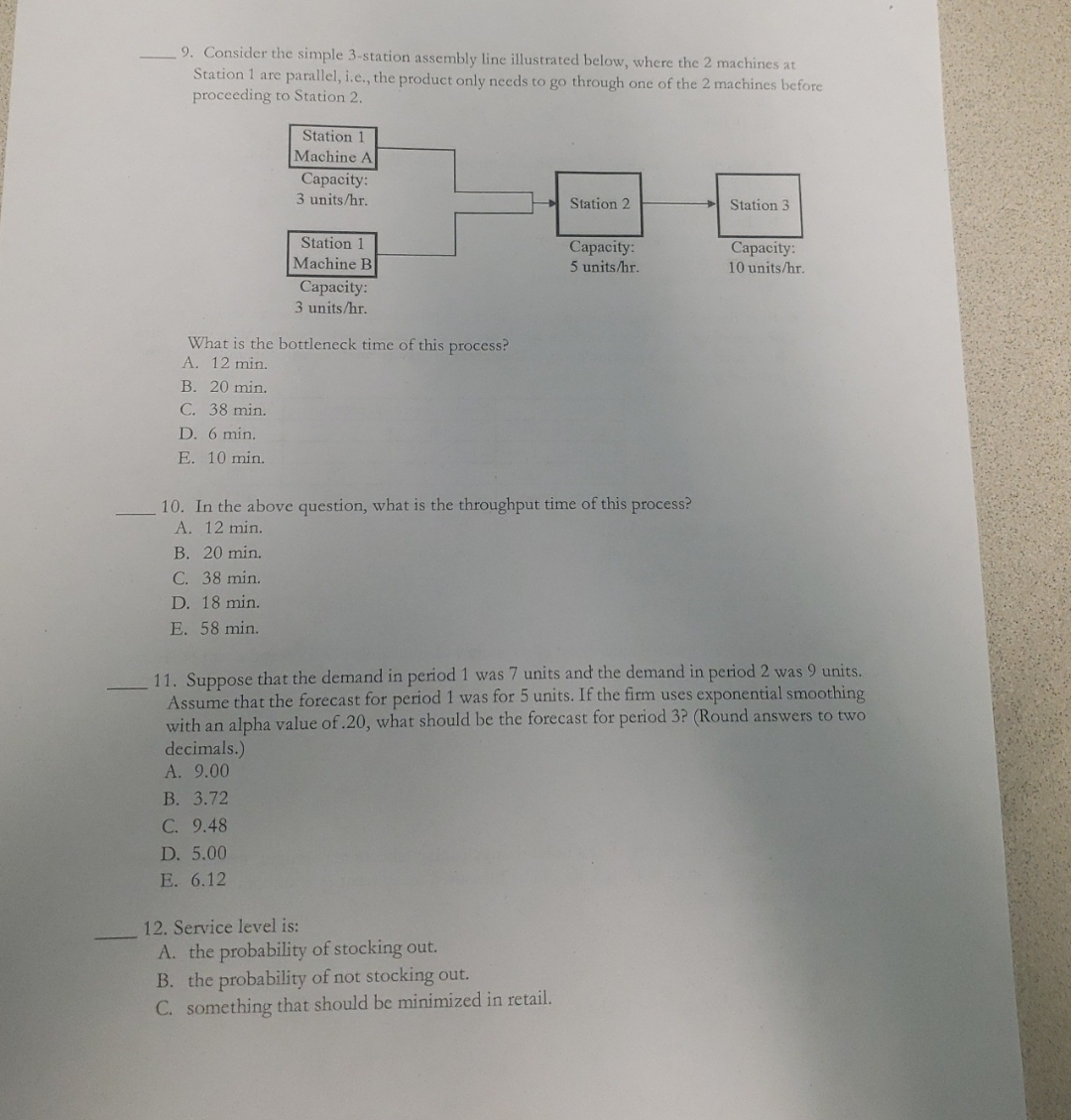  Consider the simple 3-station assembly line illustrated below, where the 2