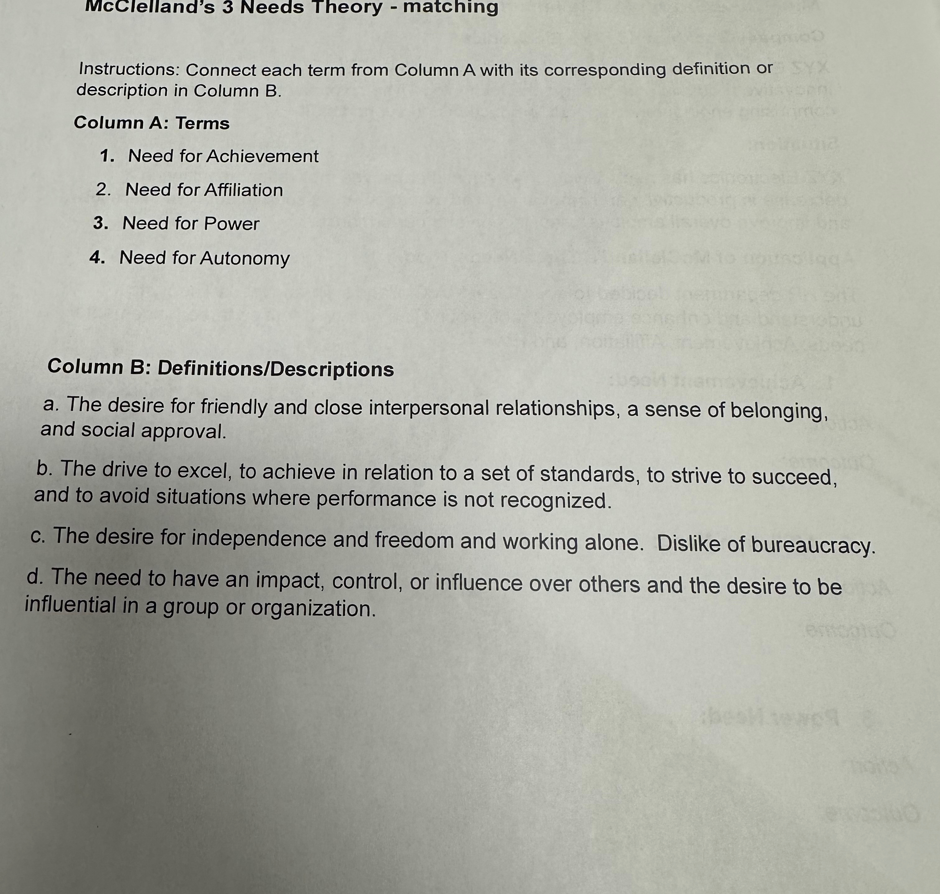  McClelland's 3 Needs Theory - matching Instructions: Connect each term from