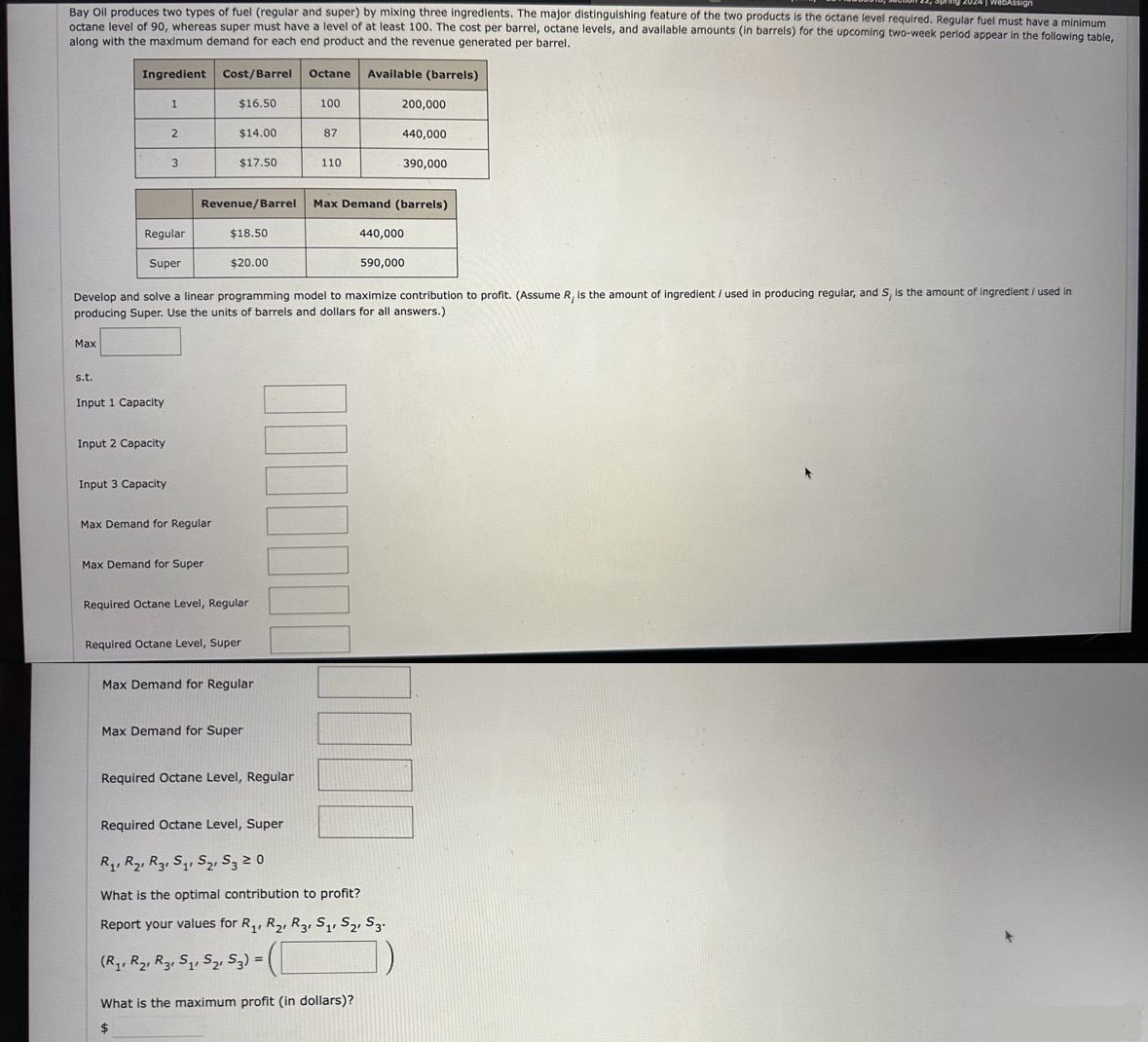  along with the maximum demand for each end product and the
