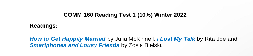  COMM 160 Reading Test 1(10%) Winter 2022 Readings: How to Get