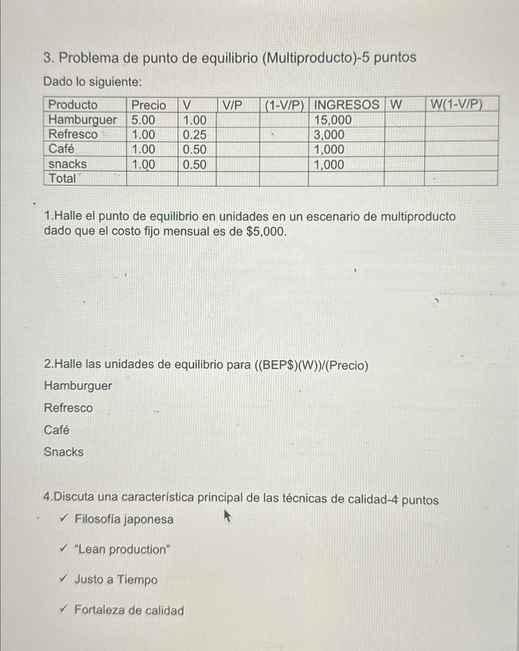  Problema de punto de equilibrio (Multiproducto)-5 puntos Dado lo siguiente: \table[[Producto,Precio,V,V/P,(1-V/P),INGRESOS,W,W(1-V/P)],[Hamburguer,5.00,1.00,,,15,000,,],[Refresco,1.00,0.25,,,3,000,,],[Caf,1.00,0.50,,,1,000,,],[snacks,1.00,0.50,,,1,000,,],[Total,,,,,,,]]
