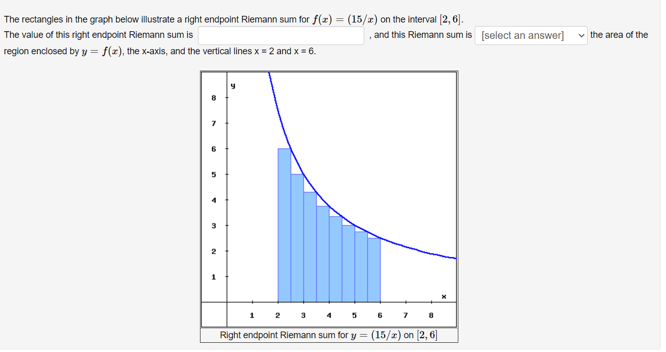 endpoint Riemann sum for x) 2 (15/2) on the interval [2, 6].