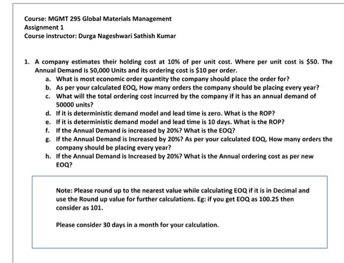  Course: MGMT 295 Global Materials Management Assignment 1 Course instructor: Durga