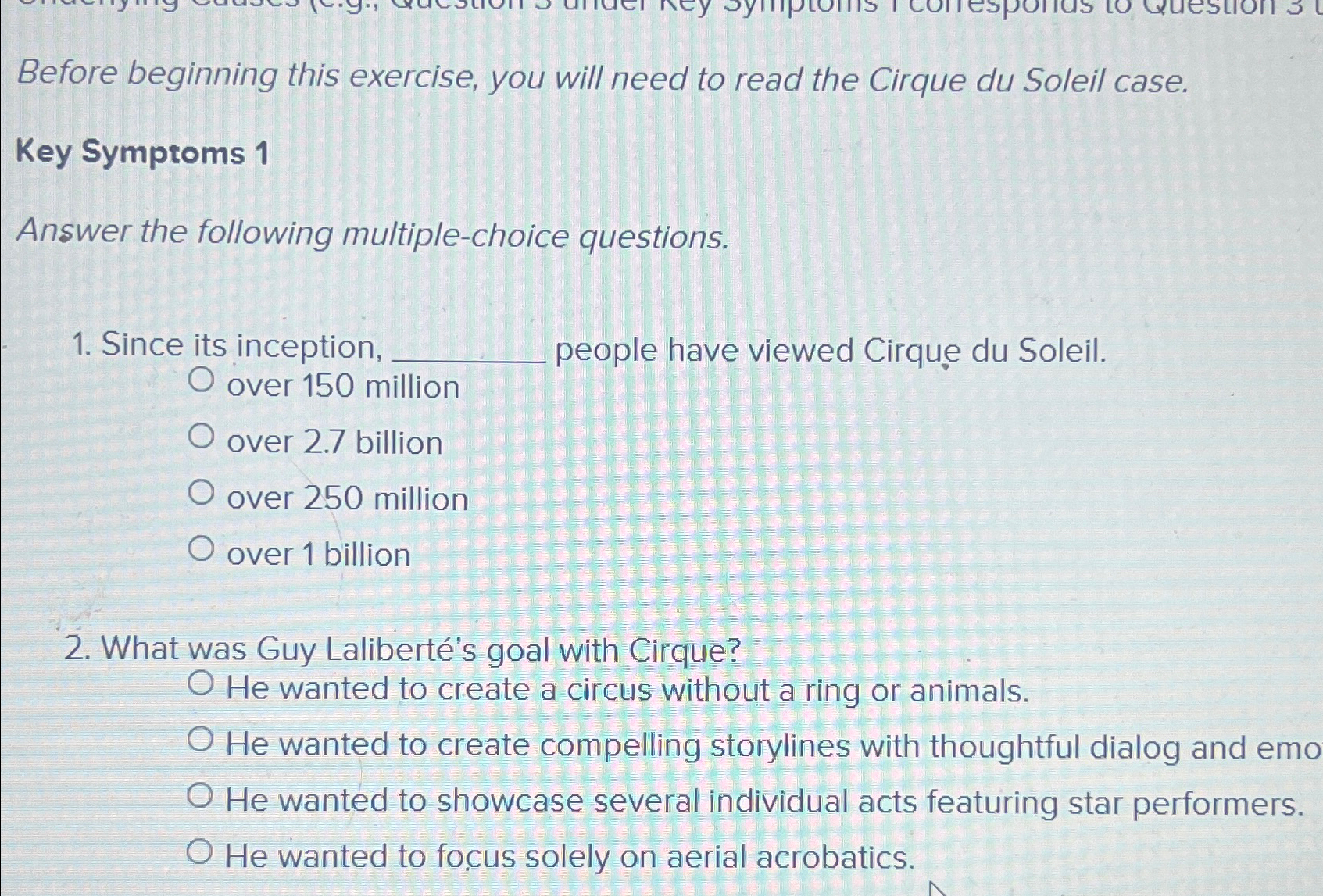  Before beginning this exercise, you will need to read the Cirque