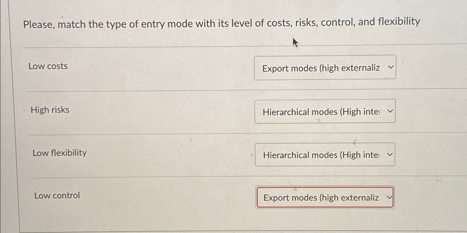  Please, match the type of entry mode with its level of
