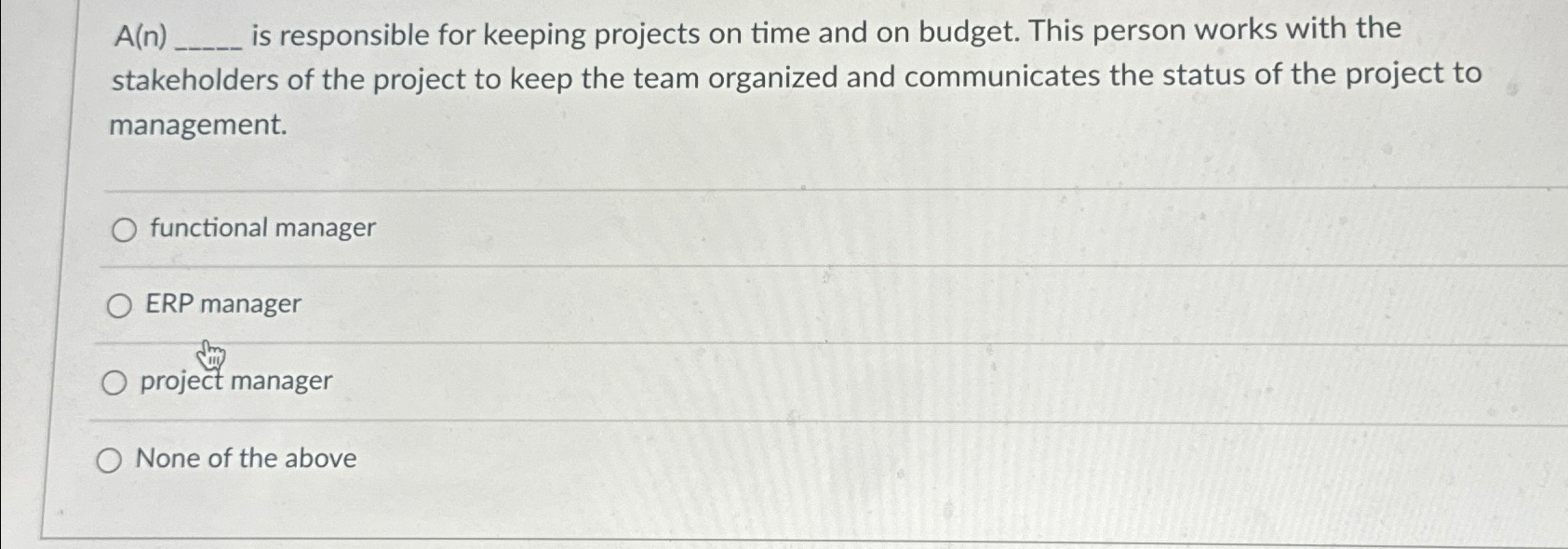  A(n), is responsible for keeping projects on time and on budget.