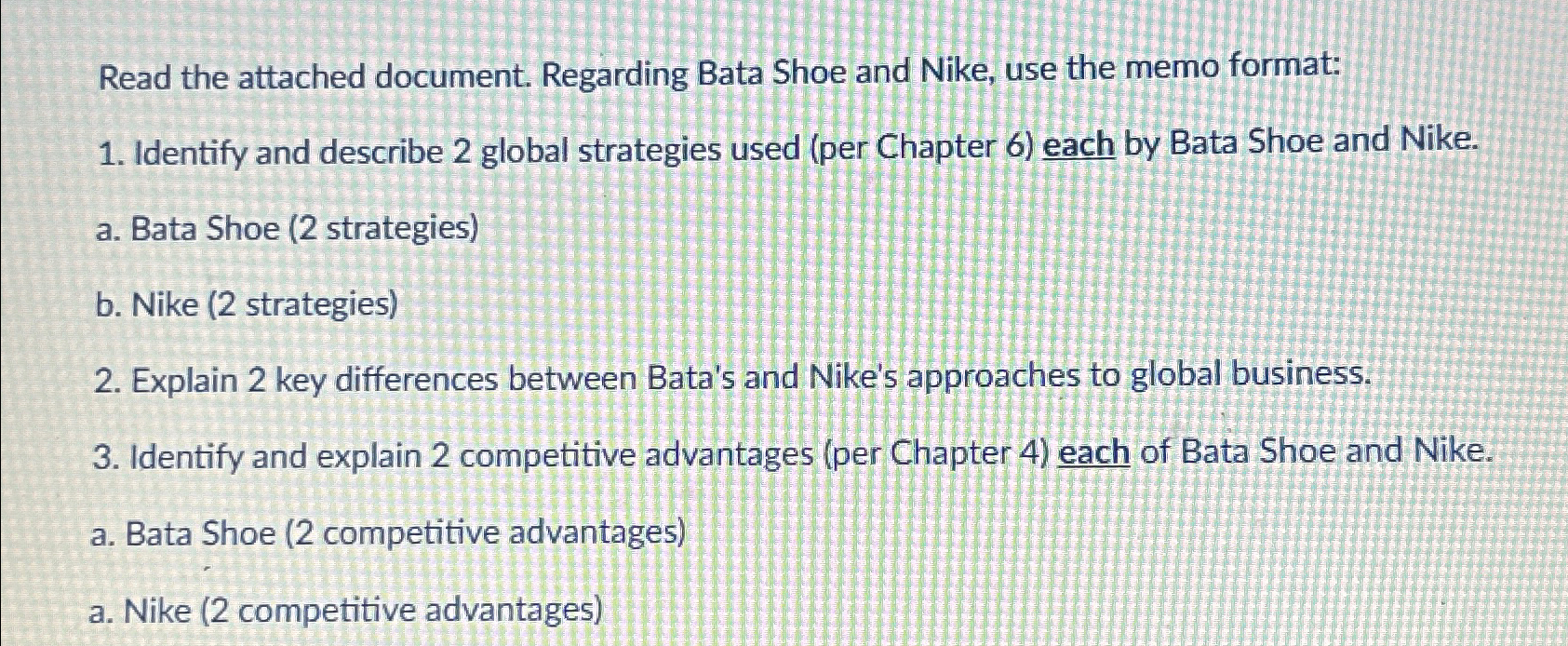  Read the attached document. Regarding Bata Shoe and Nike, use the