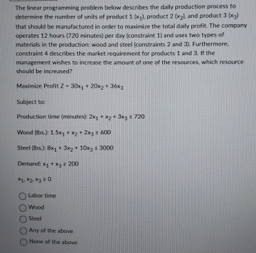 The linear programming problem below describes the daily production process to