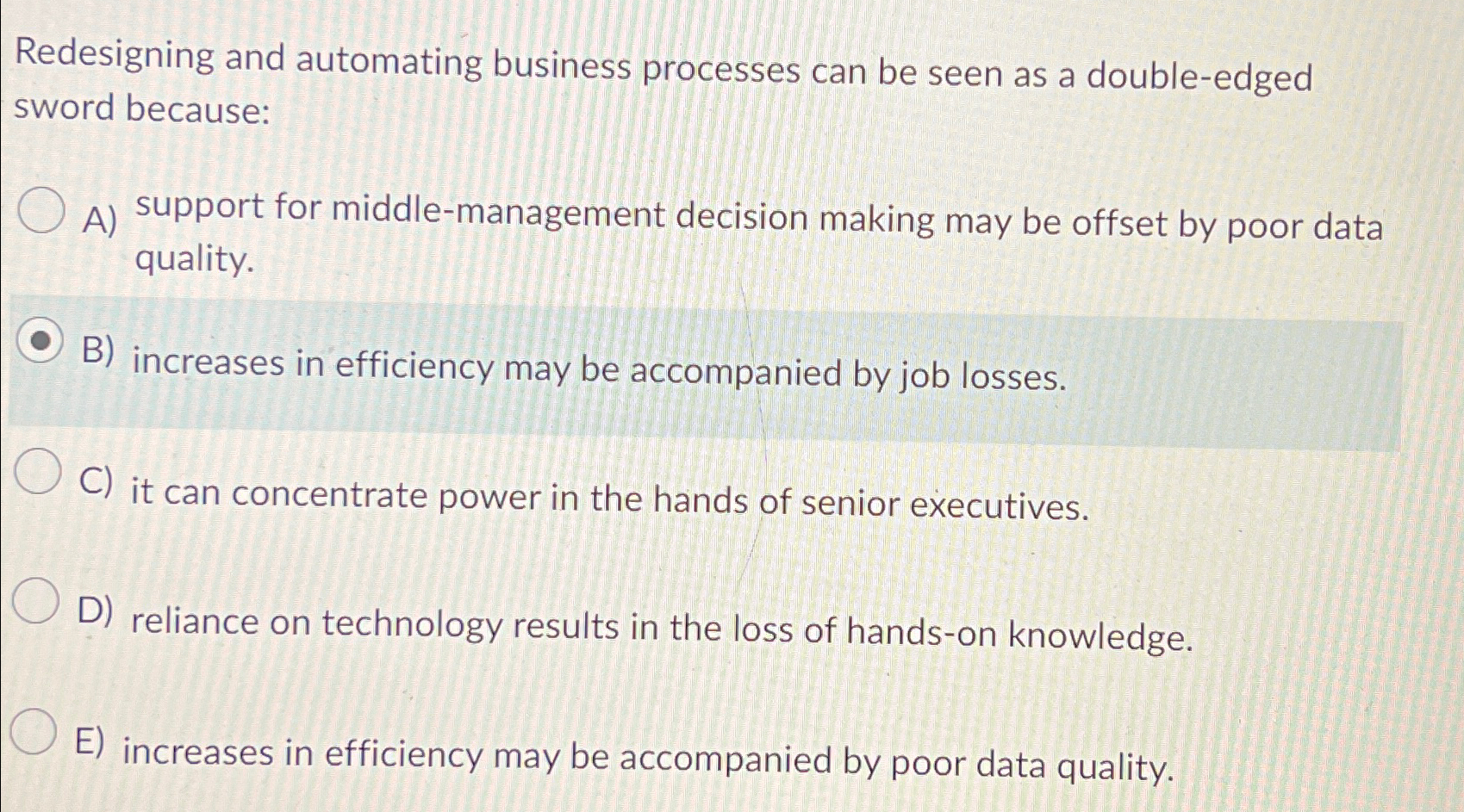  Redesigning and automating business processes can be seen as a double-edged