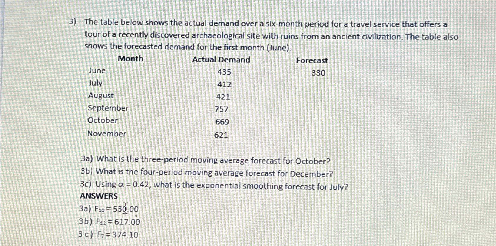  The table below shows the actual demand over a six-month period