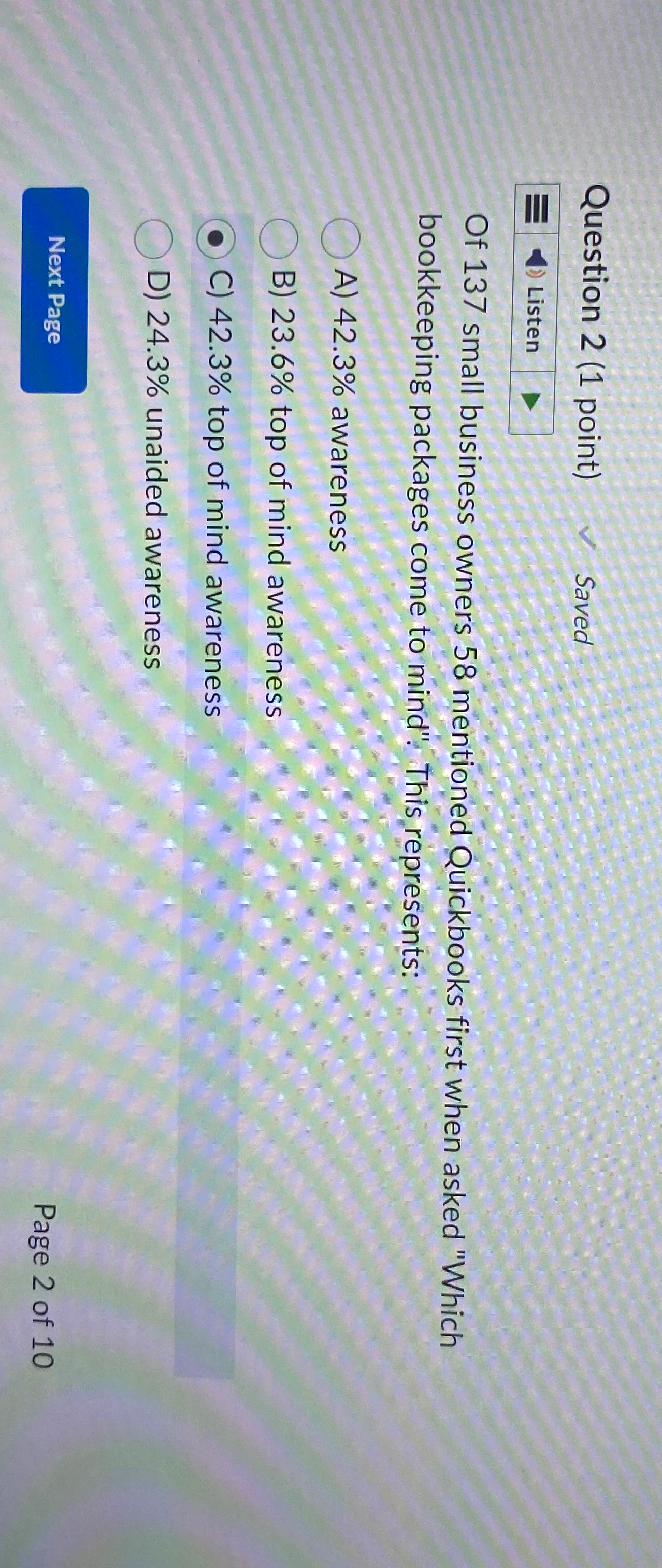  Question 2(1 point) Saved Of 137 small business owners 58 mentioned