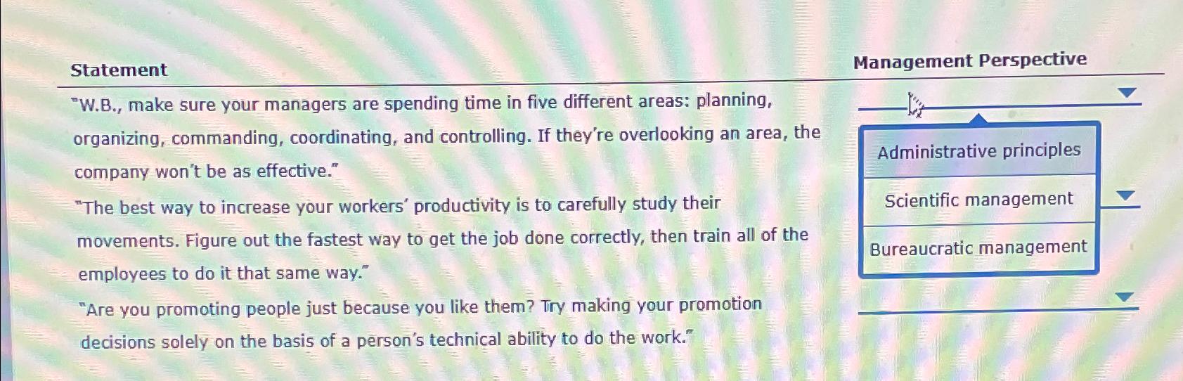  Statement "W.B., make sure your managers are spending time in five