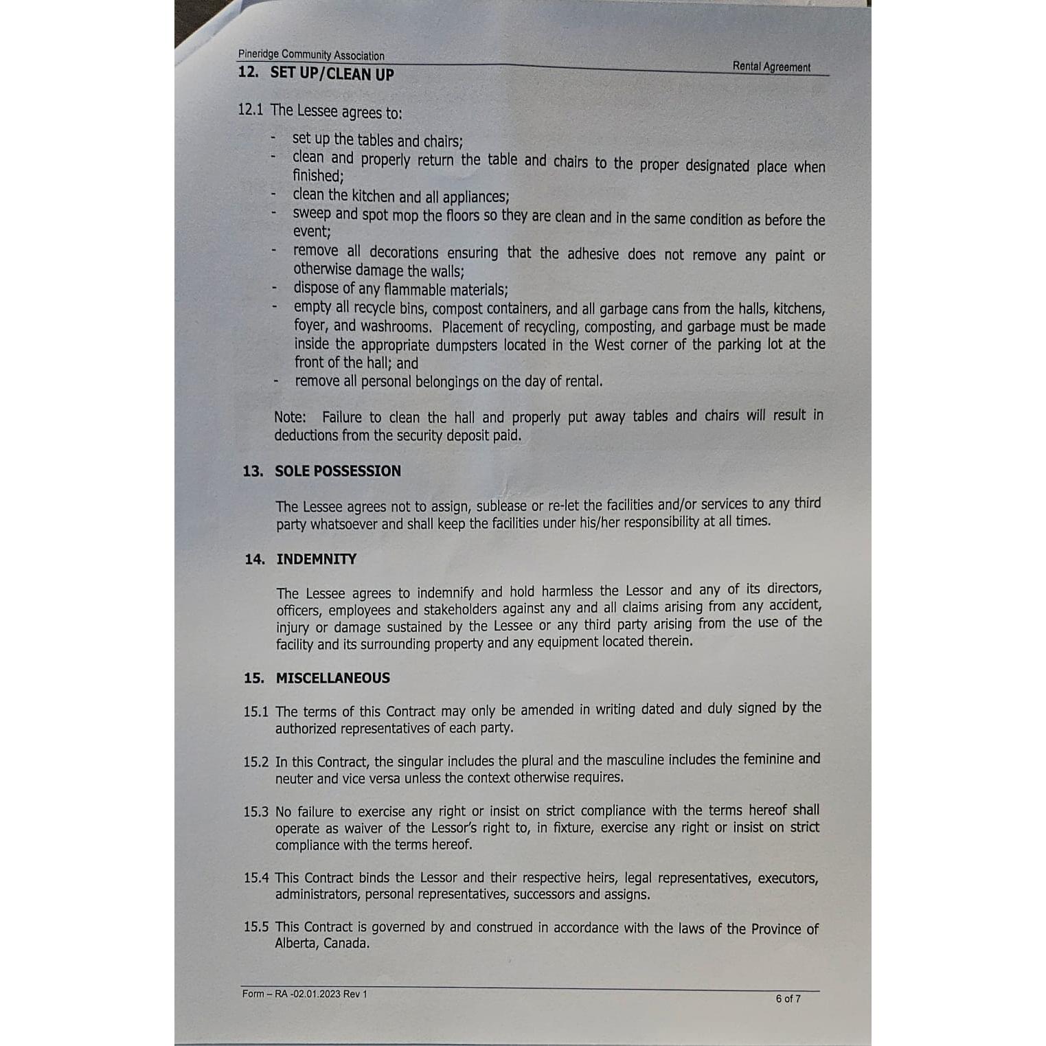  Pineridge Community Association 12. SET UP/CLEAN UP Rental Agreement 12.1 The