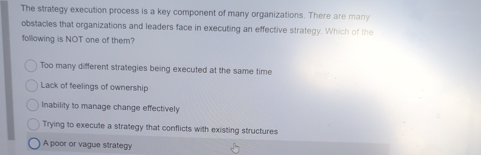  The strategy execution process is a key component of many organizations.