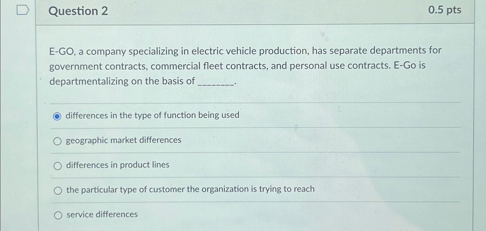  Question 2 0.5pts E-GO, a company specializing in electric vehicle production,