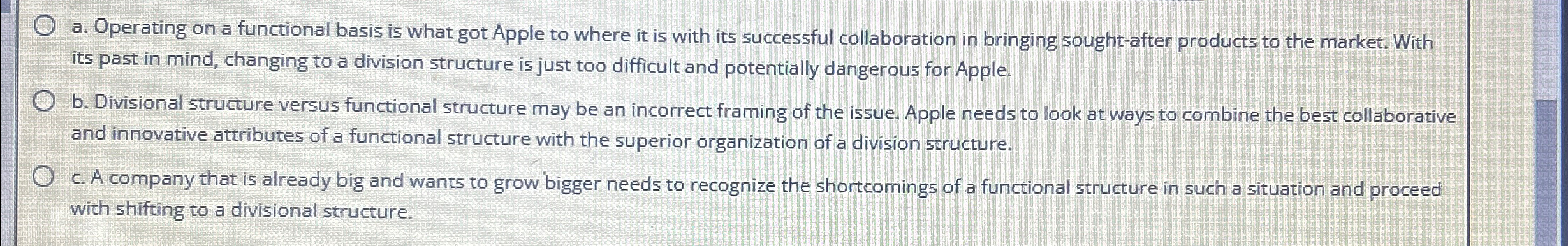  a. Operating on a functional basis is what got Apple to