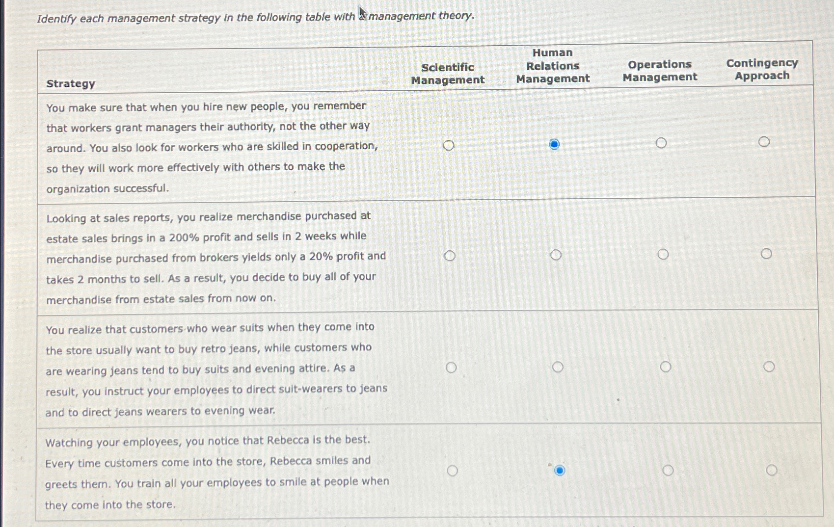  Identify each management strategy in the following table with a management