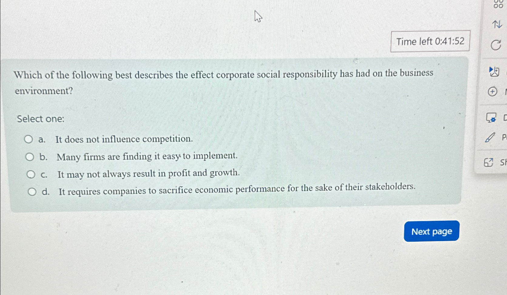  Time left 0:41:52 Which of the following best describes the effect