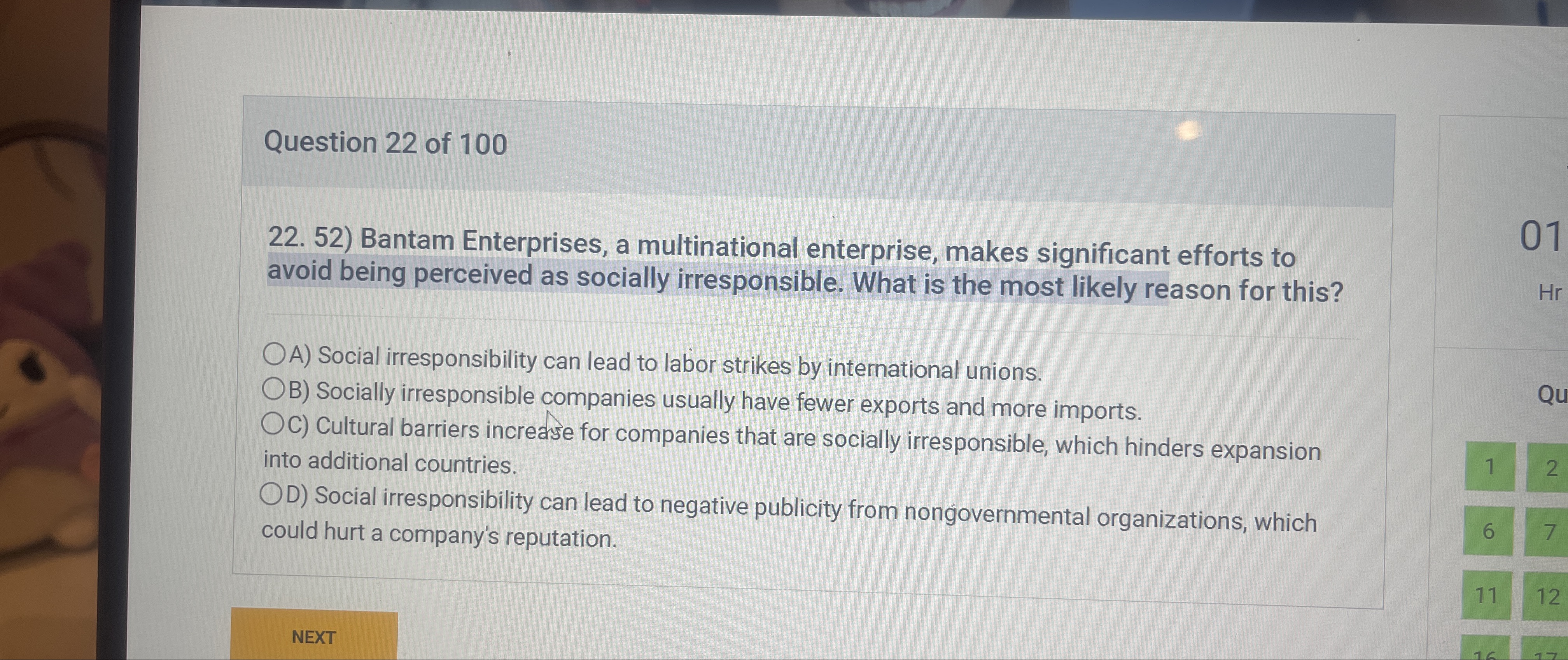  Question 22 of 100 22.52) Bantam Enterprises, a multinational enterprise, makes