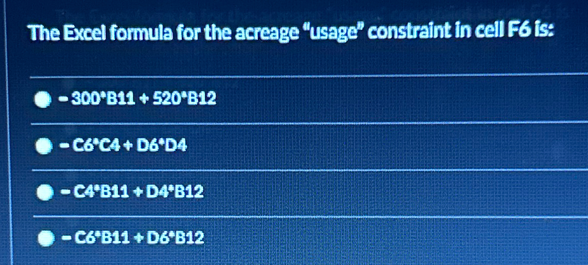  The Excel formula for the acreage "usage" constraint in cell F6